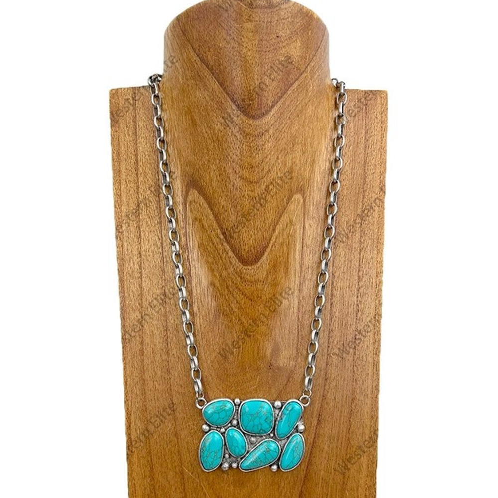 Silver Chain Turquoise Stone Pendant Necklace 24 Inch